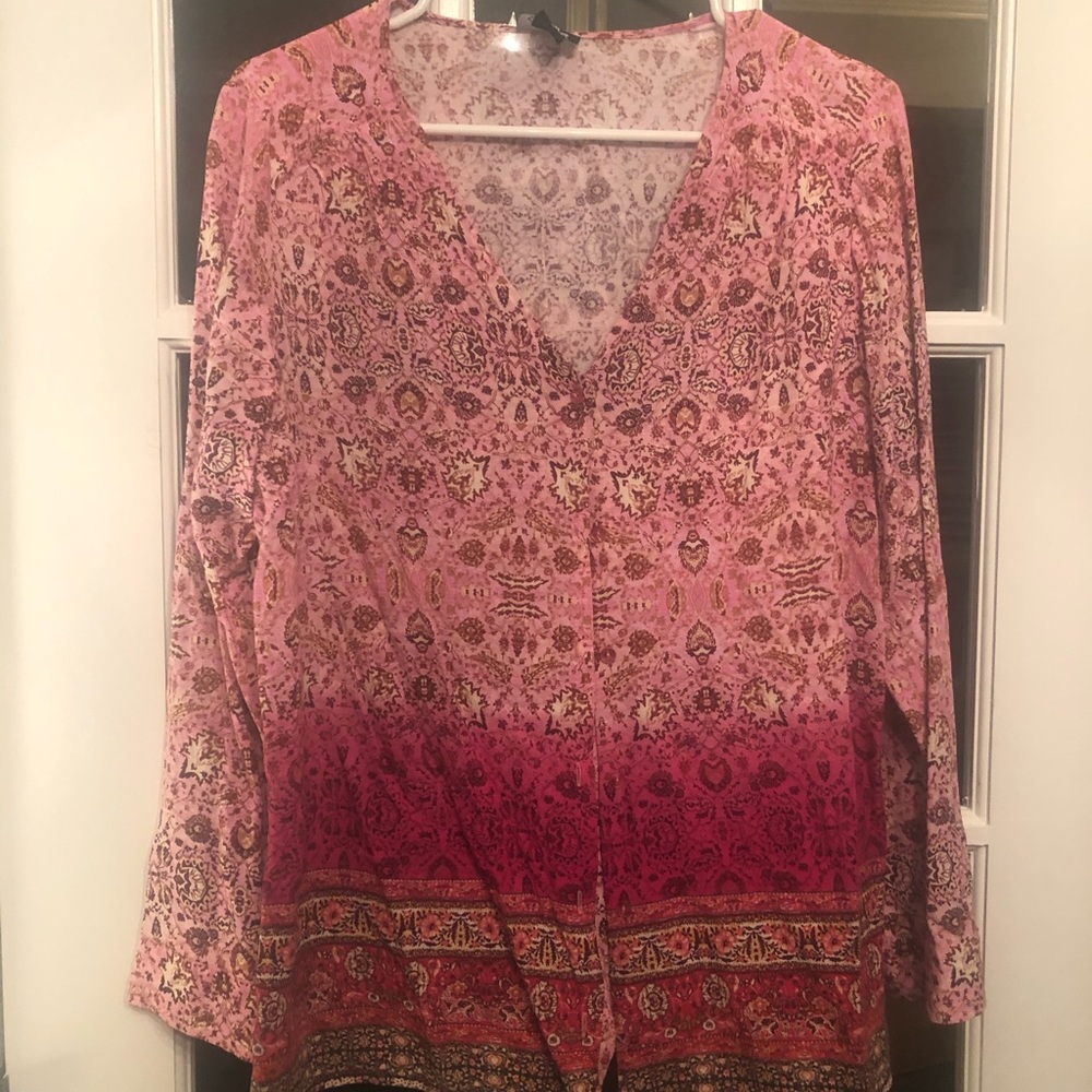 Simply Emma pink floral print button down top; 1X